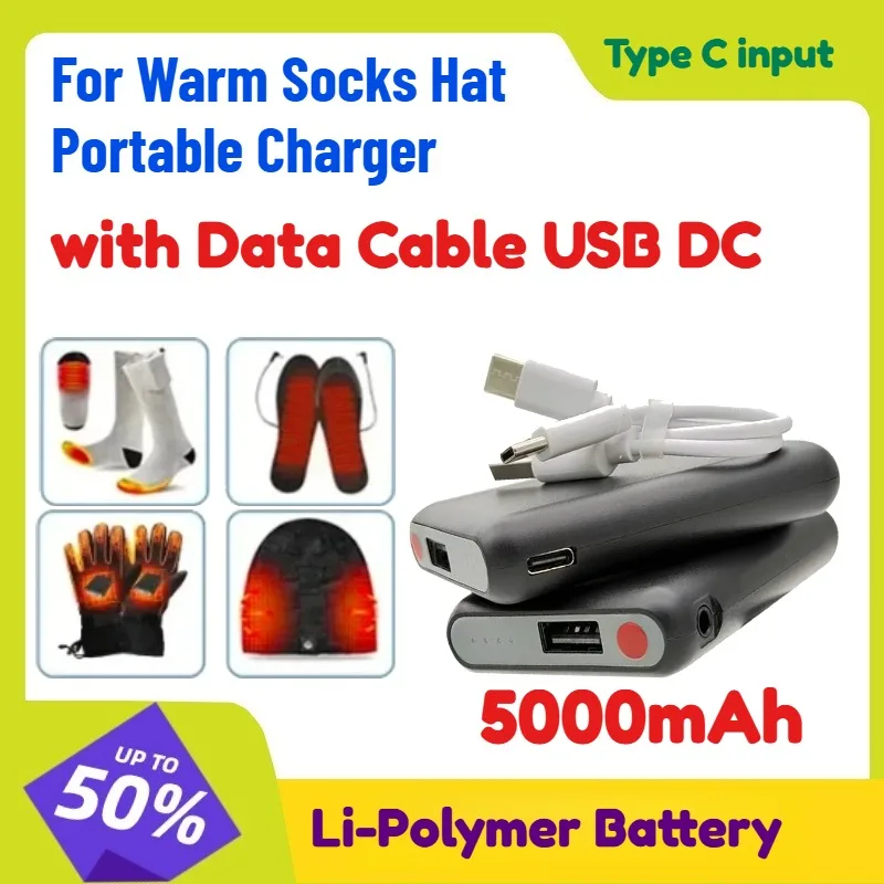 

2PCS Type C 5000mAh Li-Polymer Battery with Data Cable USB DC Packs Winter Heated Glove Batteries for Warm Socks Hat