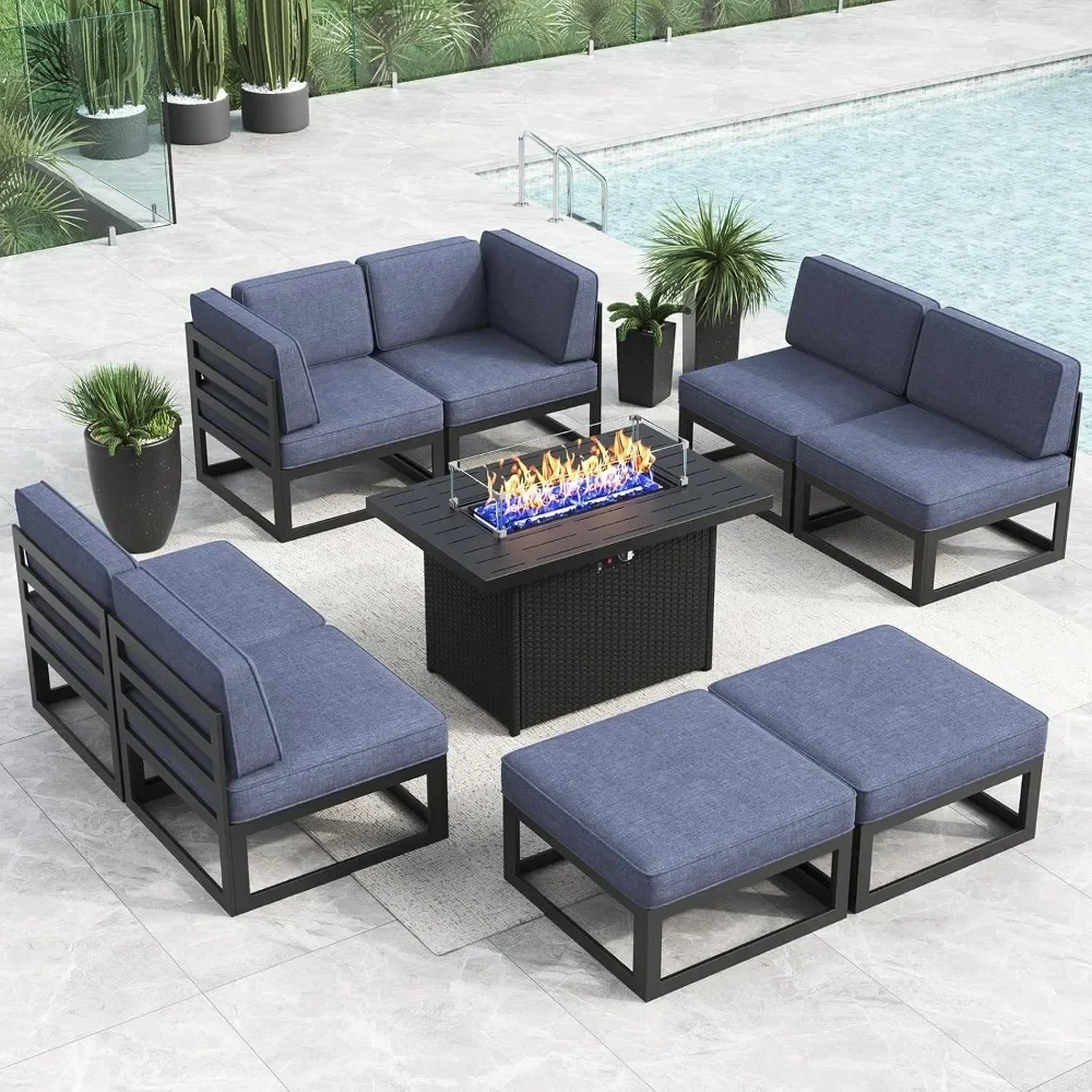 

Large Aluminum Patio Furniture Set with Fire Pit Table, 9 Pieces Modern Outdoor Conversation Set Sectional Metal Sofa Set.