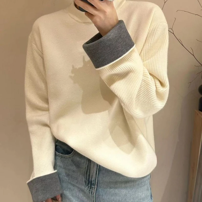 

Spring Autumn New Round Neck Long Sleeve Fashion Sweater Women High Street Casual Patchwork Pullovers Elegant All-match Tops