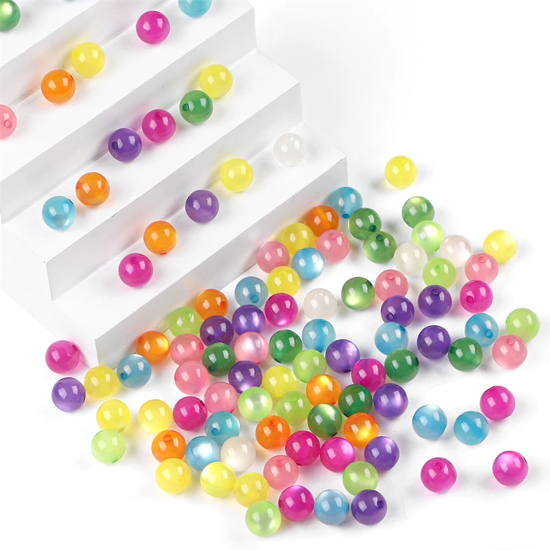 30-50Pcs/lot 8/10mm Bright Color Resin Cat\'s Eye Beads Round Loose Beads for Necklace Bracelet Earring DIY Jewelry Craft Making