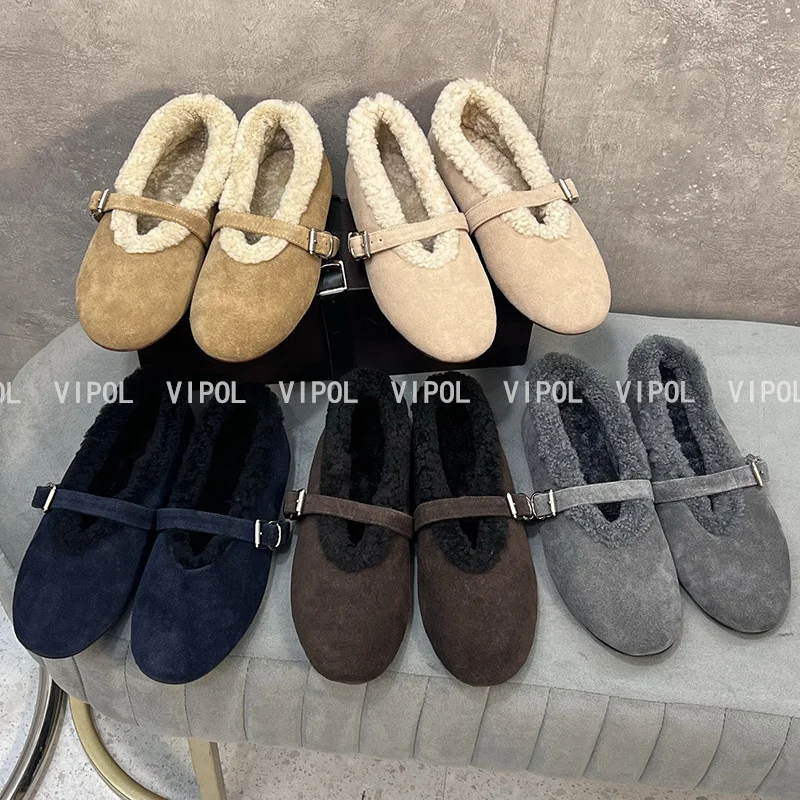 Ladies Lamb Wool Mary Jane Flats Winter Warm Fleece Lined Suede Shoes Adjustable Buckle Strap Soft Sole Casual Women Shoes
