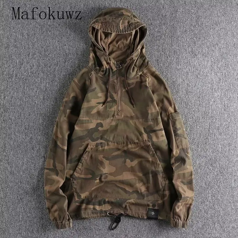 Spring Autumn Retro Hooded Zipper Multi-Pocket Workwear Camouflage Sweatshirt Men's Loose Casual High Street Personalized Tops