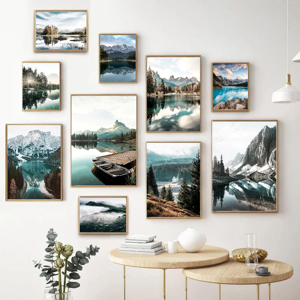 

Nordic Aurora Lake River Snow Mountain DIY Sticky Poster Whitepaper Prints Posters Artwork Vintage Decorative Painting