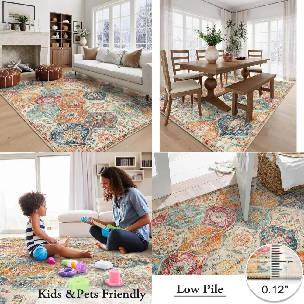 

Moroccan 5x8 Area Rug, Ultra-Thin Washable for Living Spaces and Bedrooms, Soft Large Oriental Style Non-Slip, Non-Shedding Thro