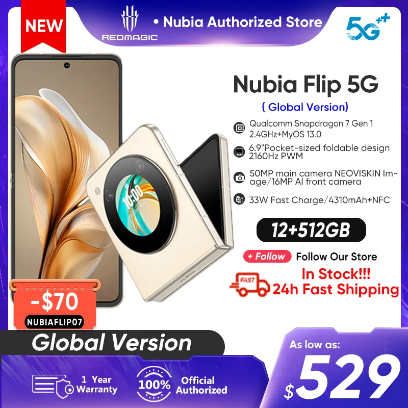 

Nubia Flip Phone 5G Global Version Foldable Screen Mini Phone 6.9" 120Hz OLED 50MP AI Dual Camera 4310mAh 33W Quick Charging