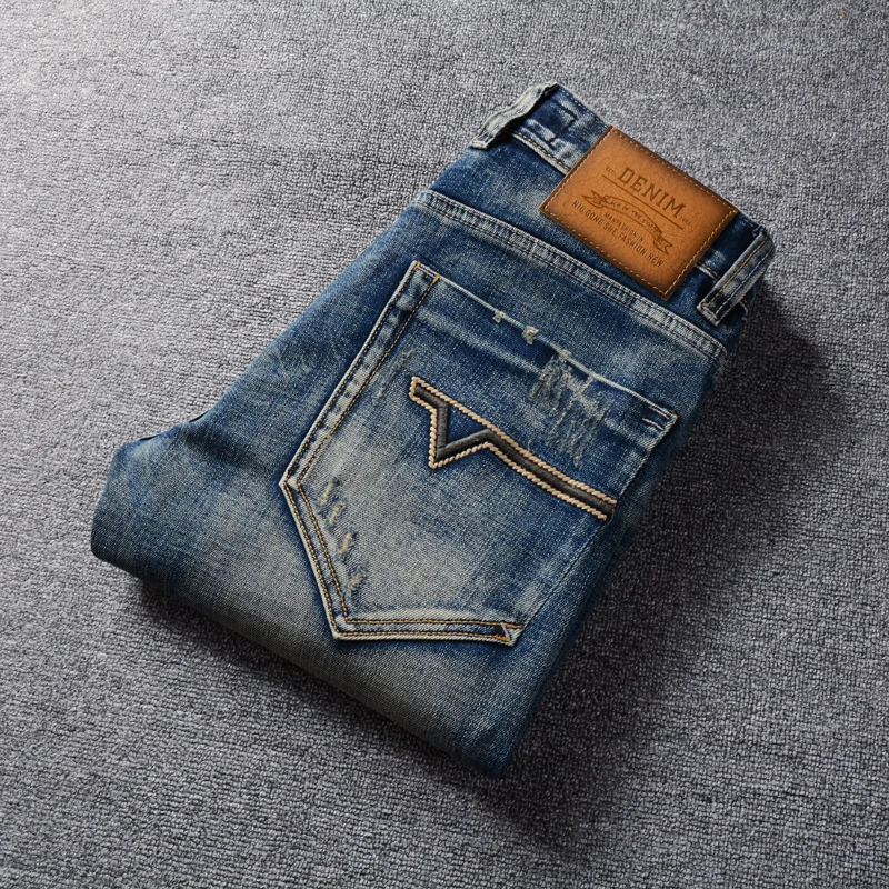 Fashion Designer Men Jeans Retro Washed Blue Elastic Slim Fit Ripped Jeans Men Embroidery Patched Vintage Denim Pants Hombre