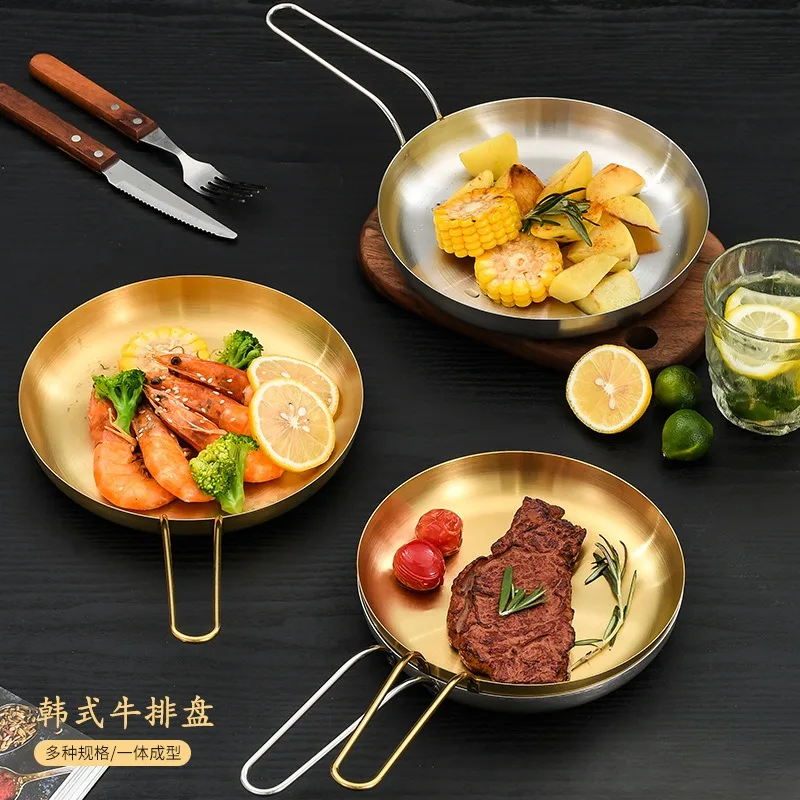 

Korean Style Steak Creative Snack Outdoor Camping Flat Plate with Handle Stainless Steel Plate Barbecue