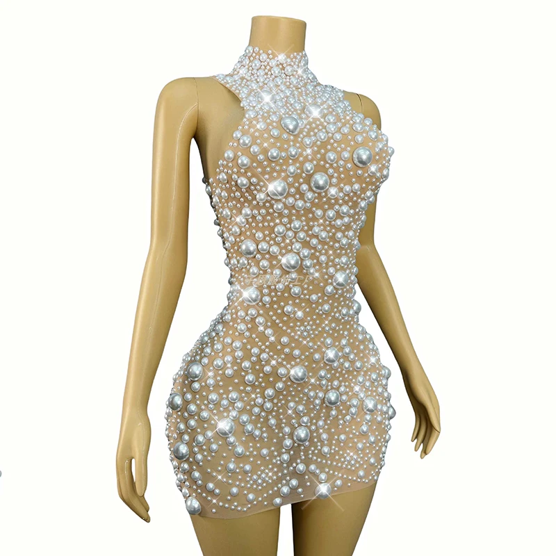 女性ステージ衣装エレガントなパールショートドレス誕生日パーティー衣装モデルショーパフォーマンス衣装セクシーなフェスティバル服 3709