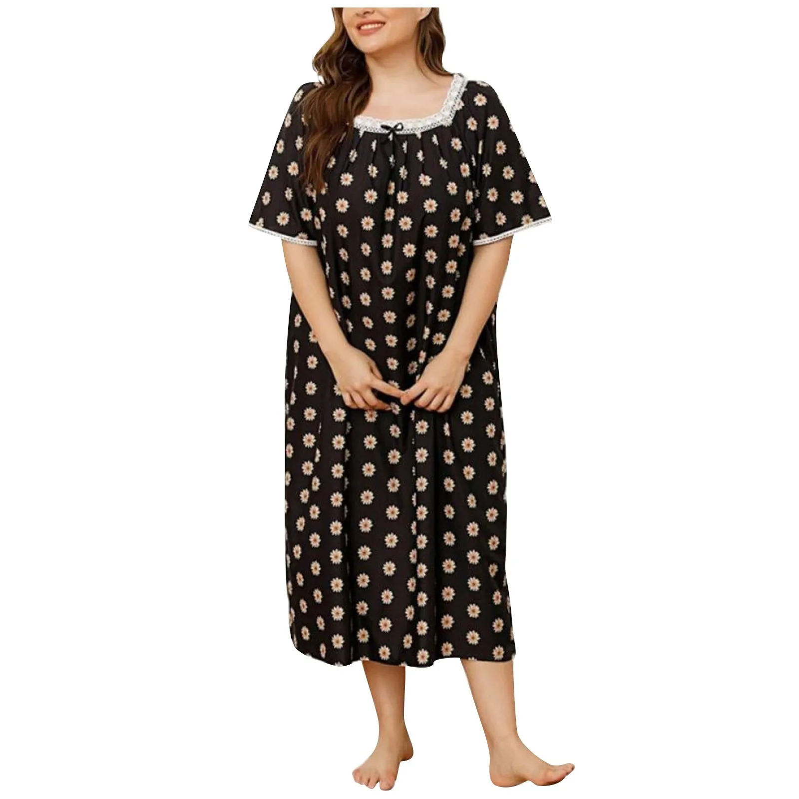 Pigiama lungo da notte da donna Plus Size manica corta in pizzo Patchwork con scollo a U abito da notte con stampa dolce abbigliamento da casa femminile