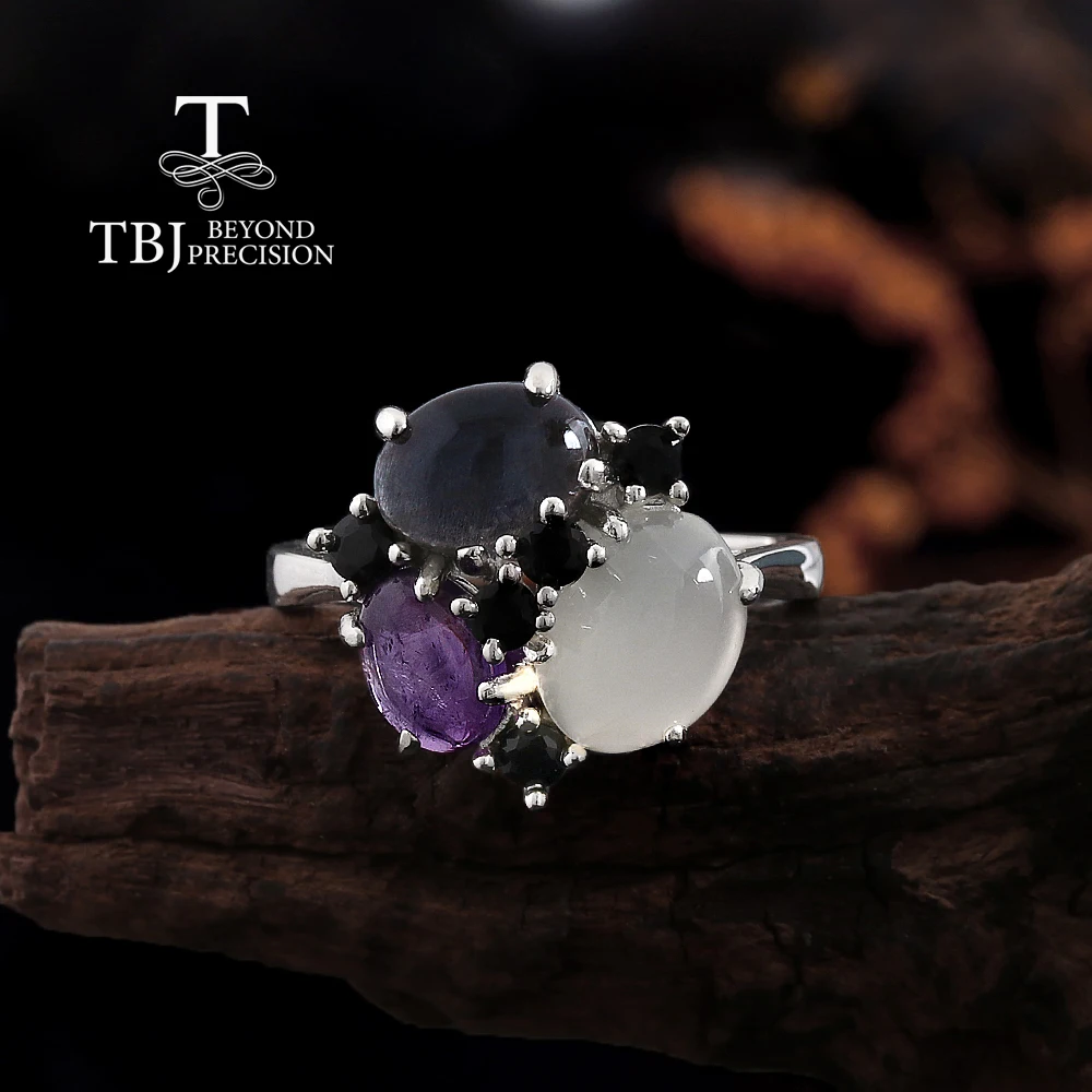 

Элегантное кольцо из стерлингового серебра 925 пробы с натуральным белым лунным камнем, аметистом и голубым лабрадоритом, изысканное ювелирное изделие для женщин, подарок на день рождения или вечеринку.