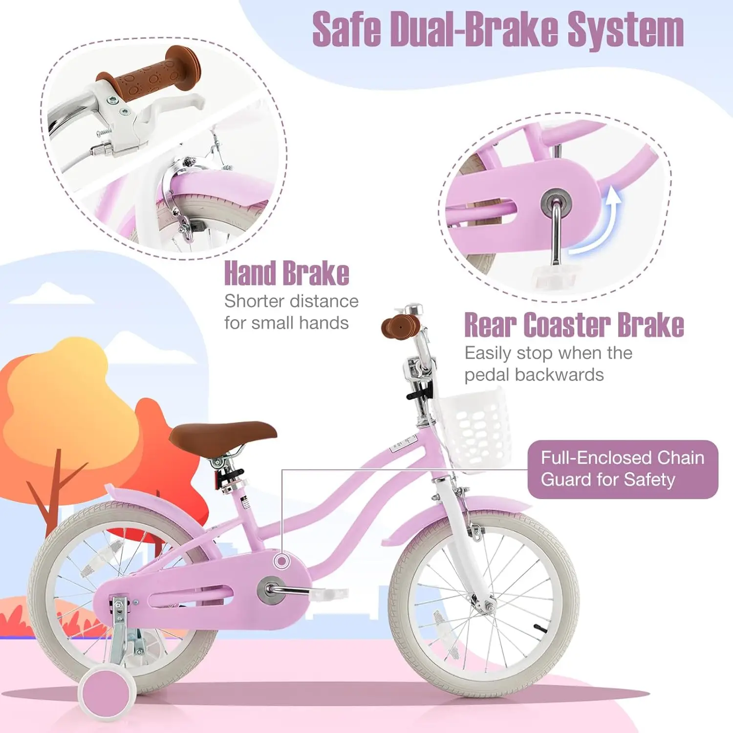จักรยานเด็กเล่นสำหรับเด็กชายและเด็กหญิงอายุ3-8ปีจักรยานเด็ก18นิ้วพร้อมล้อฝึกซ้อมขาตั้งเบรคคู่ที่นั่งแบบปรับได้