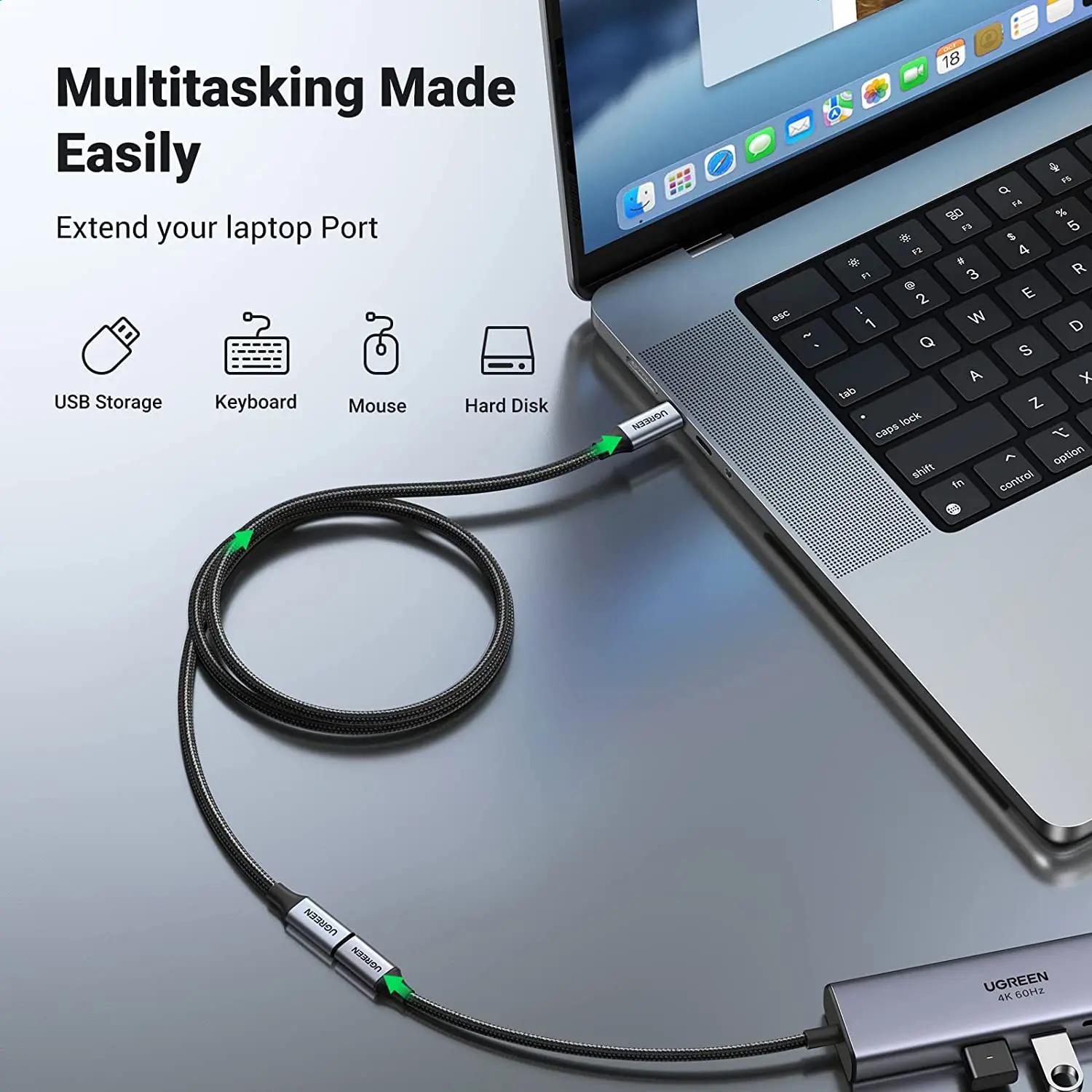 UGREEN USB C تمديد كابل 100 واط شحن 10 جيجابت في الثانية نقل كابل USB C 3.2 موسع النايلون مضفر