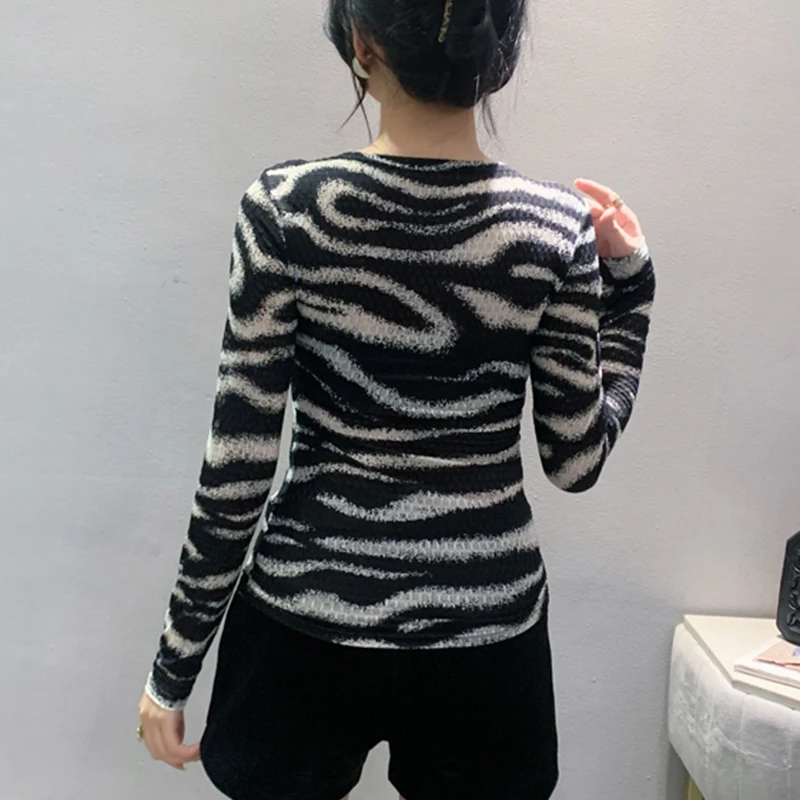 أسود، ربيع، كوري، نمط، تي شيرت، أنيق، مثير، مفرغ، لامع، الماس، هندسي، نسائي، بلايز، كم طويل، مرقع، دانتيل، تي شيرت، 59100