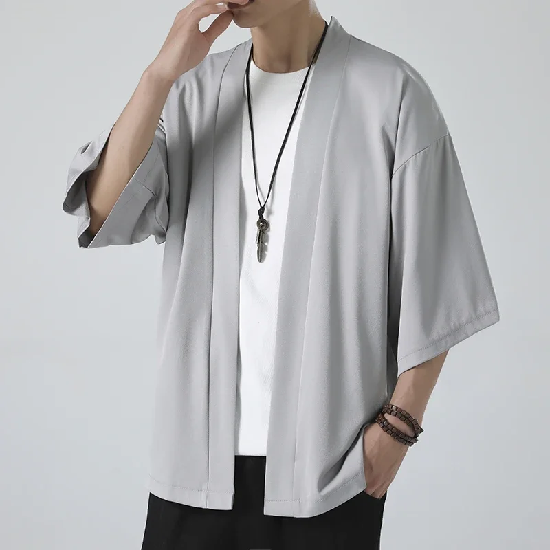Spring Summer Men's Japanese Kimono Shirts Casual Open Stitch Lightweight Fashion Solid Three Quarter Loose Couple Shirts M-5XL