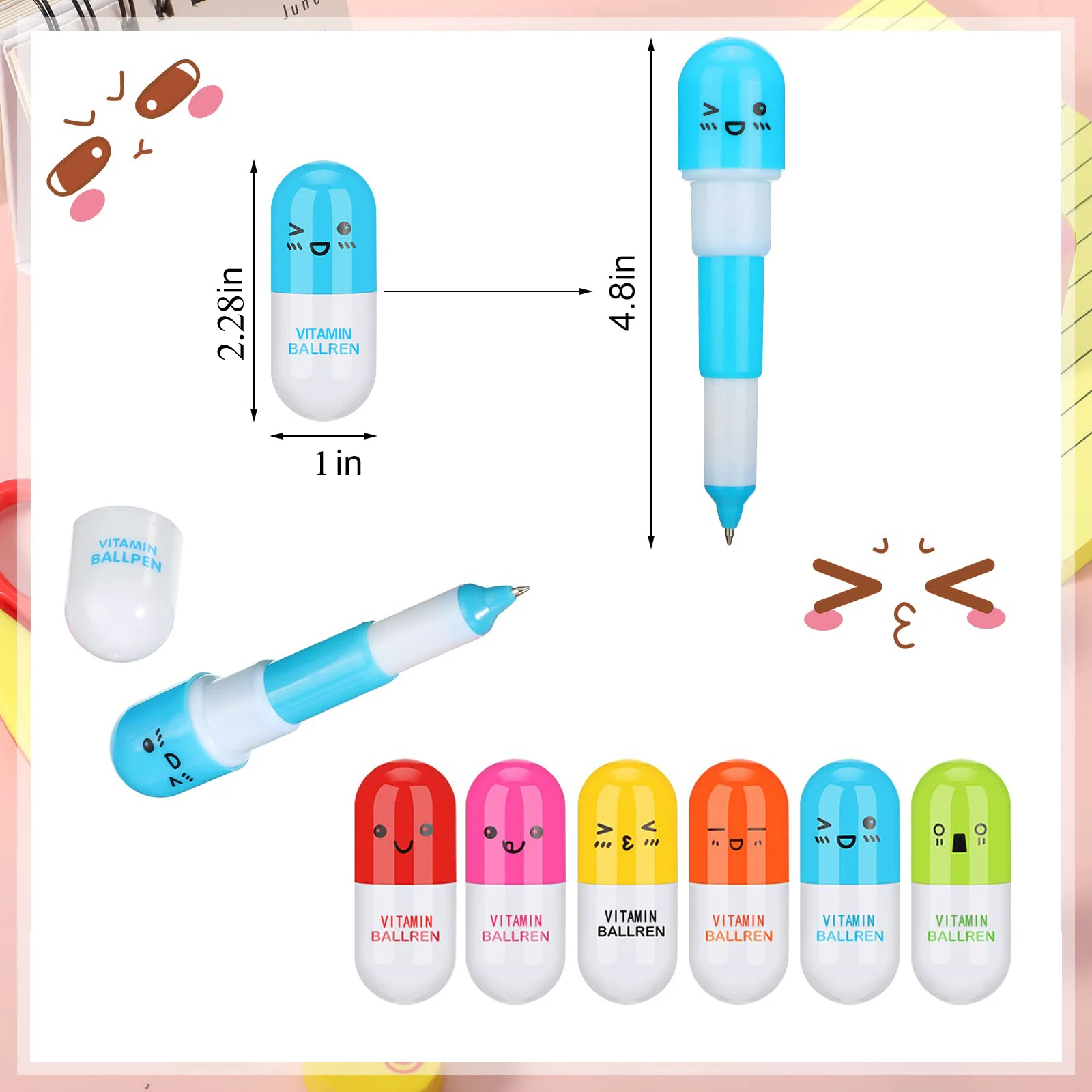 Imagem -06 - Bonito Rosto Sorridente Pílula Esferográfica Caneta Papelaria Telescópica Vitamina Cápsula Esferográfica para Uso Escolar Peças