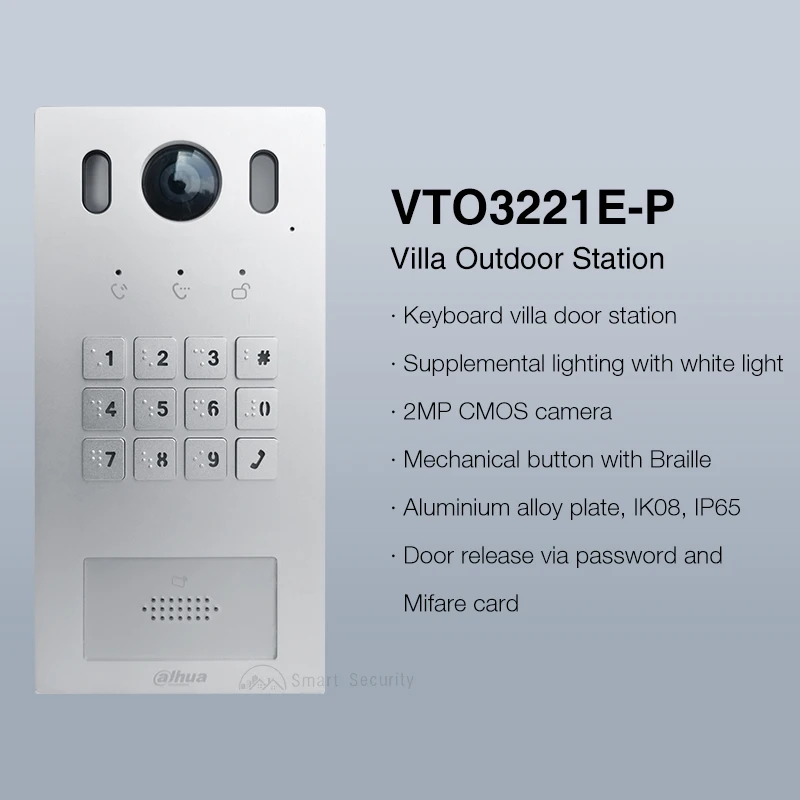 Dahua 1080P HD Video Intercom Braille Keypad Alloy Doorbell Supports Auto Light Color Night Vision PoE Access Control VTO3221E-P