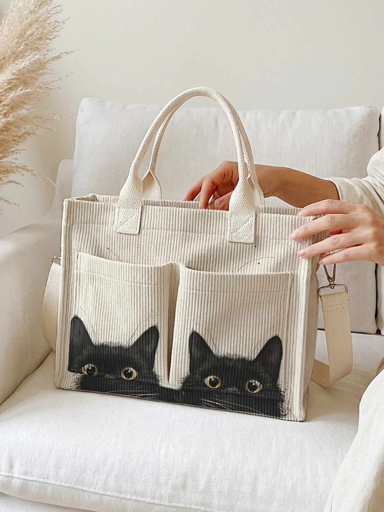 Tote Bag Corduroy Shoulder Large Multi Pocket Black Cat Print Daily Commute Cat Lovers Women