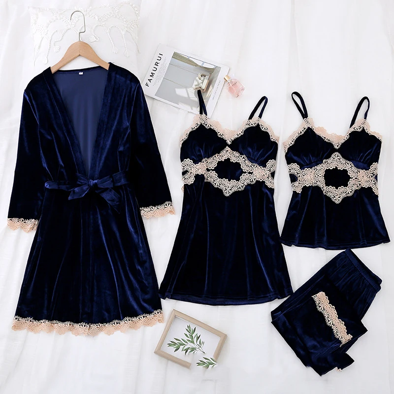 Autumn Winter Female Pajamas Velvet 4PCS Sleepwear Set Sexy Lace Trim Kimono Bathrobe Gown Pijamas Suit Loose Velour Homewear