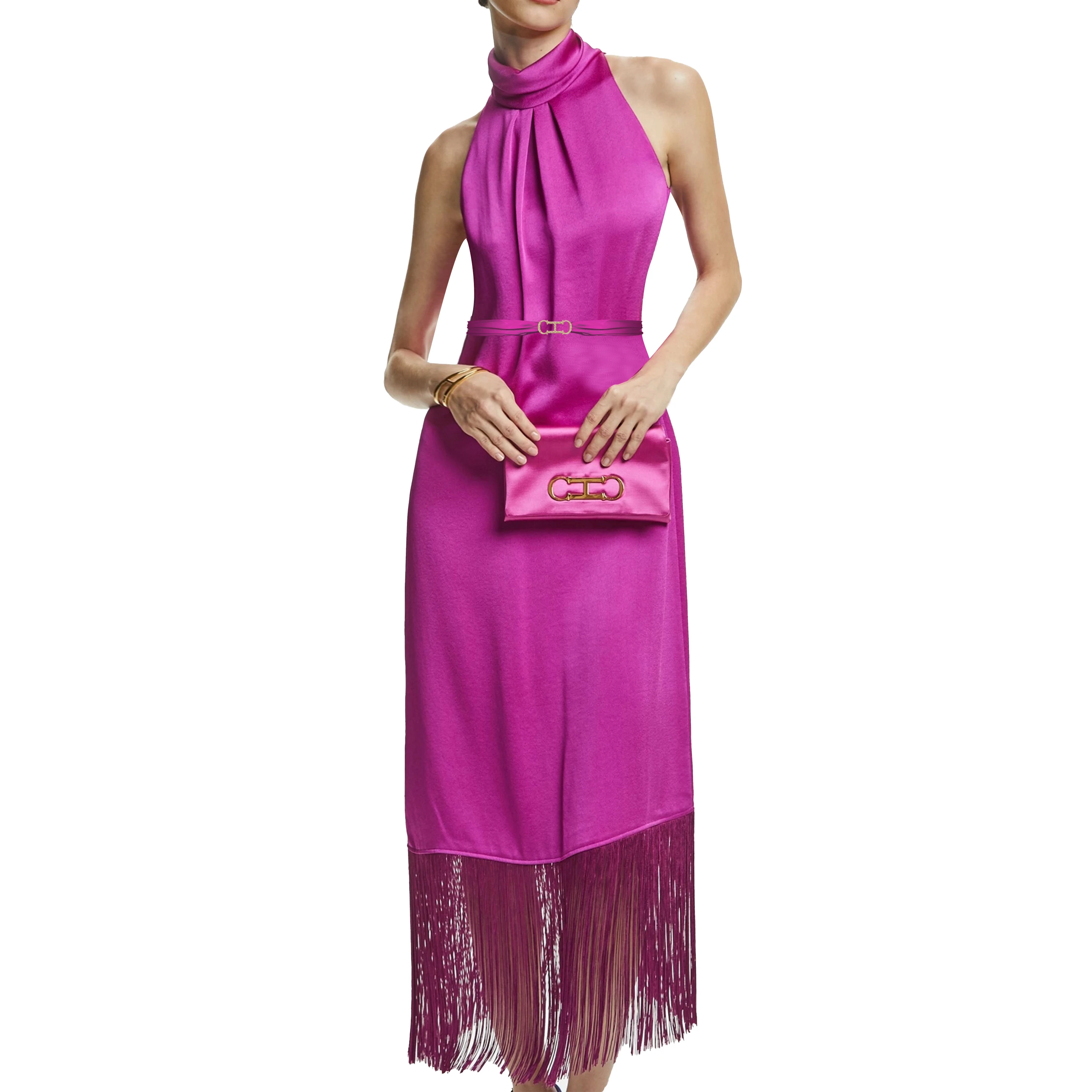 

New Women Dress Hanging Neck Style Dress High Collar Sleeveless Fringe Skirt Hem Soild Evening Dresses Fasion Ladies Party Dress