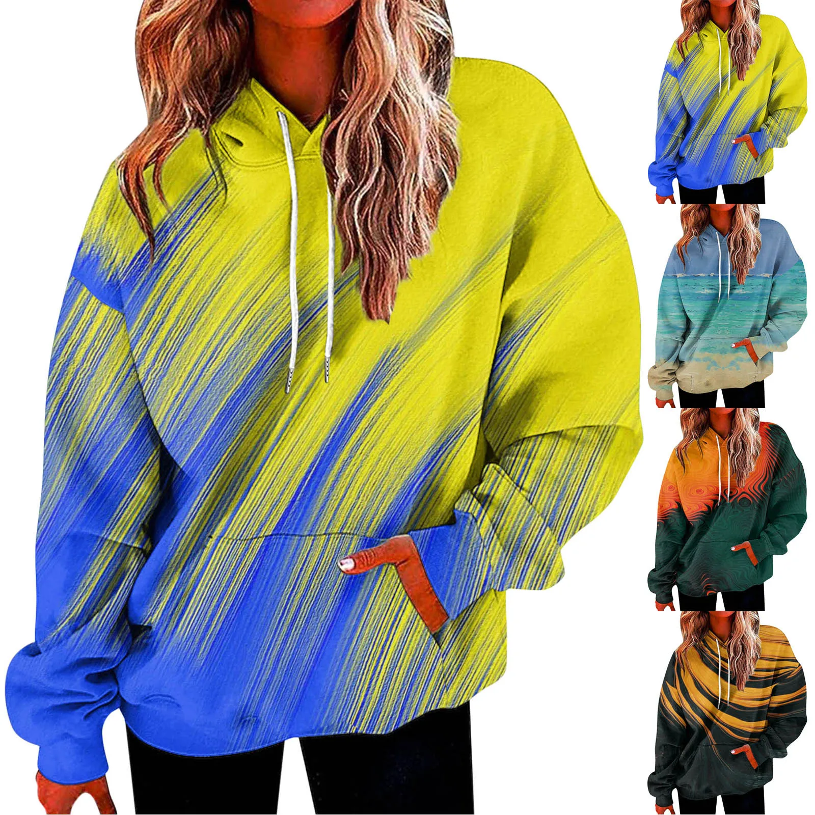 Women\'s Loose Sweatshirt Casual Colorful Long Sleeve Drawstring Hoodie With Pockets Fashion Casual Female Pullover Tops