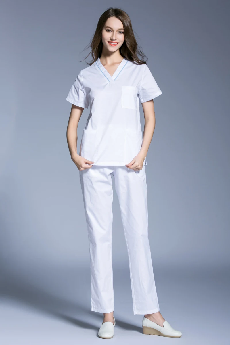 Women's 100% Cotton Short Sleeve Dental Clinic Medical Uniforms V Neck White Dentist Workingwear Rehabilitation Nursing Clothes