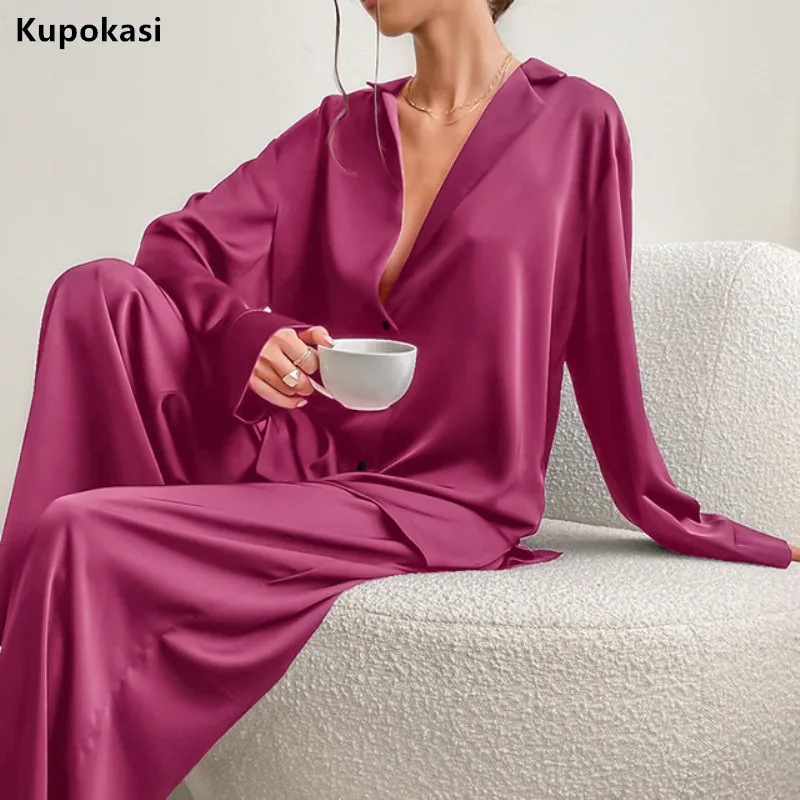 

Kupokasi Women Satin Pajamas Set Solid Casual Long Sleeve Trousers Sleepwear Low Cut Sexy Pyjamas Female Loungewear Oversized