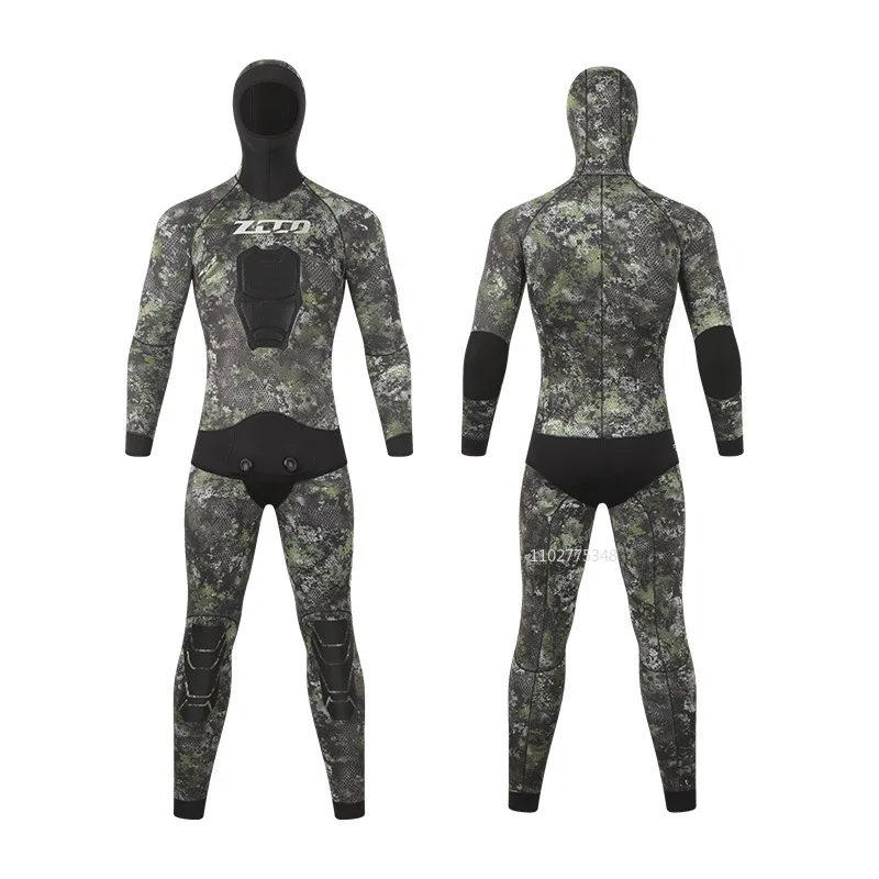 

5MM Neoprene Spearfishing Wetsuit with Hooded 2 Pieces Long Sleeve Full Body Camouflage Underwater Fishing Hunting Diving Suit