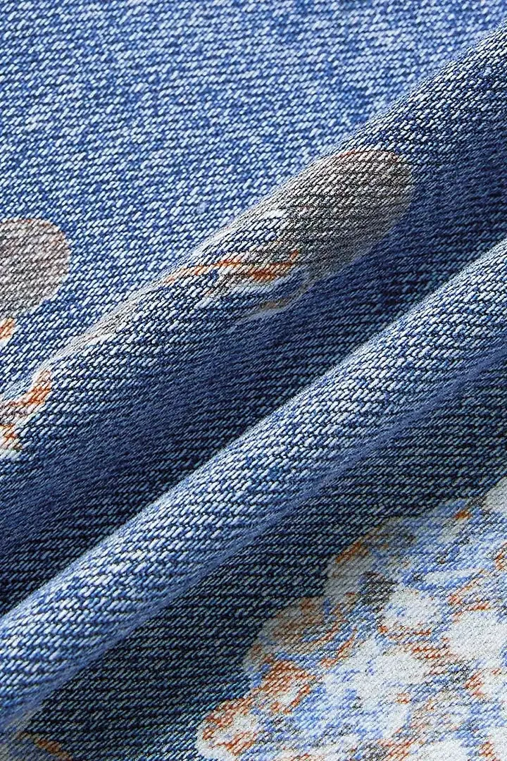 New for 2026: Women's Blue High-waisted Stretch Jeans, Vintage-style Loose-fit Wide-leg Denim Pants with A Floral Print.