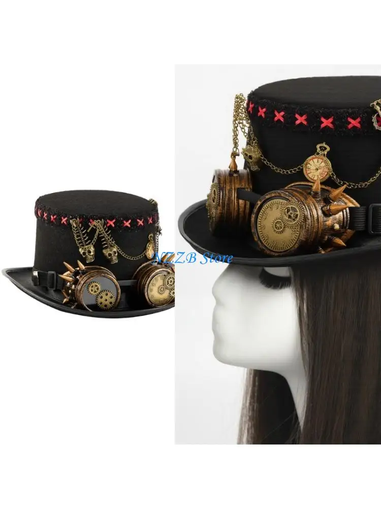 

T21F Mechanical Hat Accessory with Skull Decorations Attached Goggles For Costume Theme Parties Halloween Event