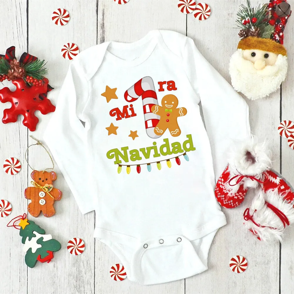 My First Christmas Spanish Printed  Baby Bodysuit Newborn Long Sleeve Romper Infant Holiday Xmas Outfit Toddler Baptism Clothes