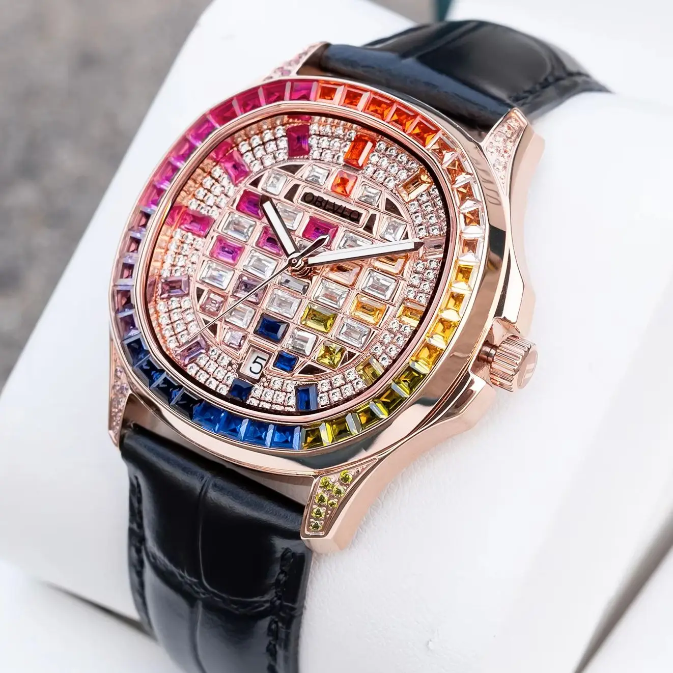 OBLVLO Men Luxury Square Automatic Mechanical Watch Color Diamond Waterproof Sport Fashion Calendar Luminous Wristwatch Elegant