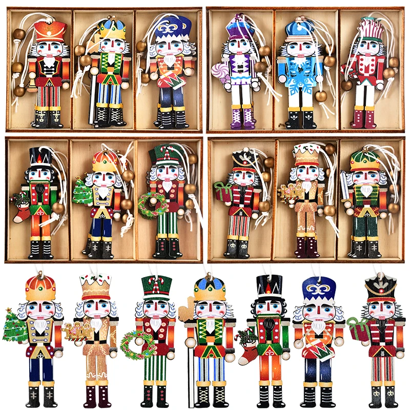 

9pcs/set Christmas Nutcracker Soldier Pendants 2024 Christmas Tree Wooden Hanging Ornaments New Year Party Decorations Supplies