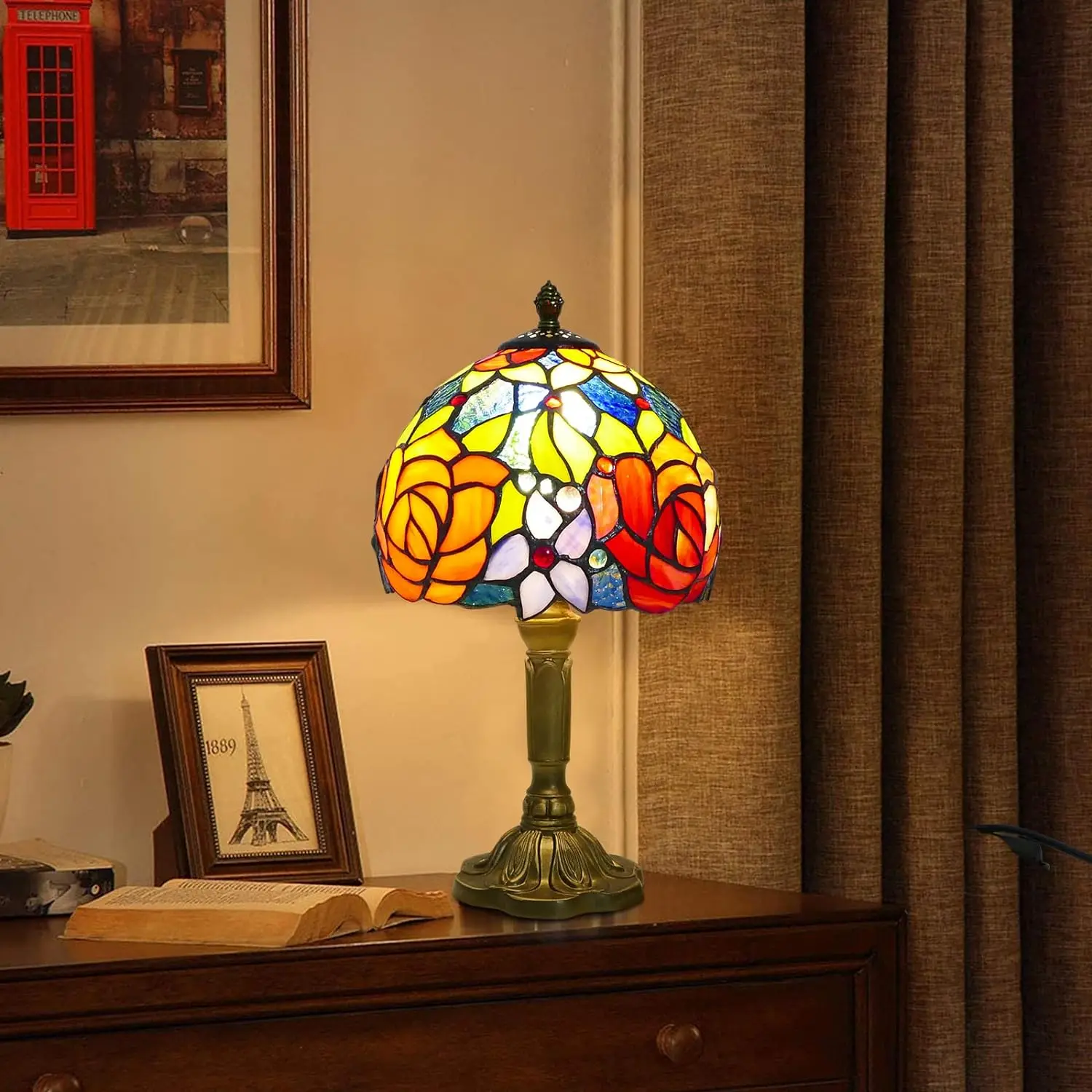 Table Lamp Desk Lamps Double Color Roses Vintage Reading Lamp for Baroque Handmade Stained Glass Gifts
