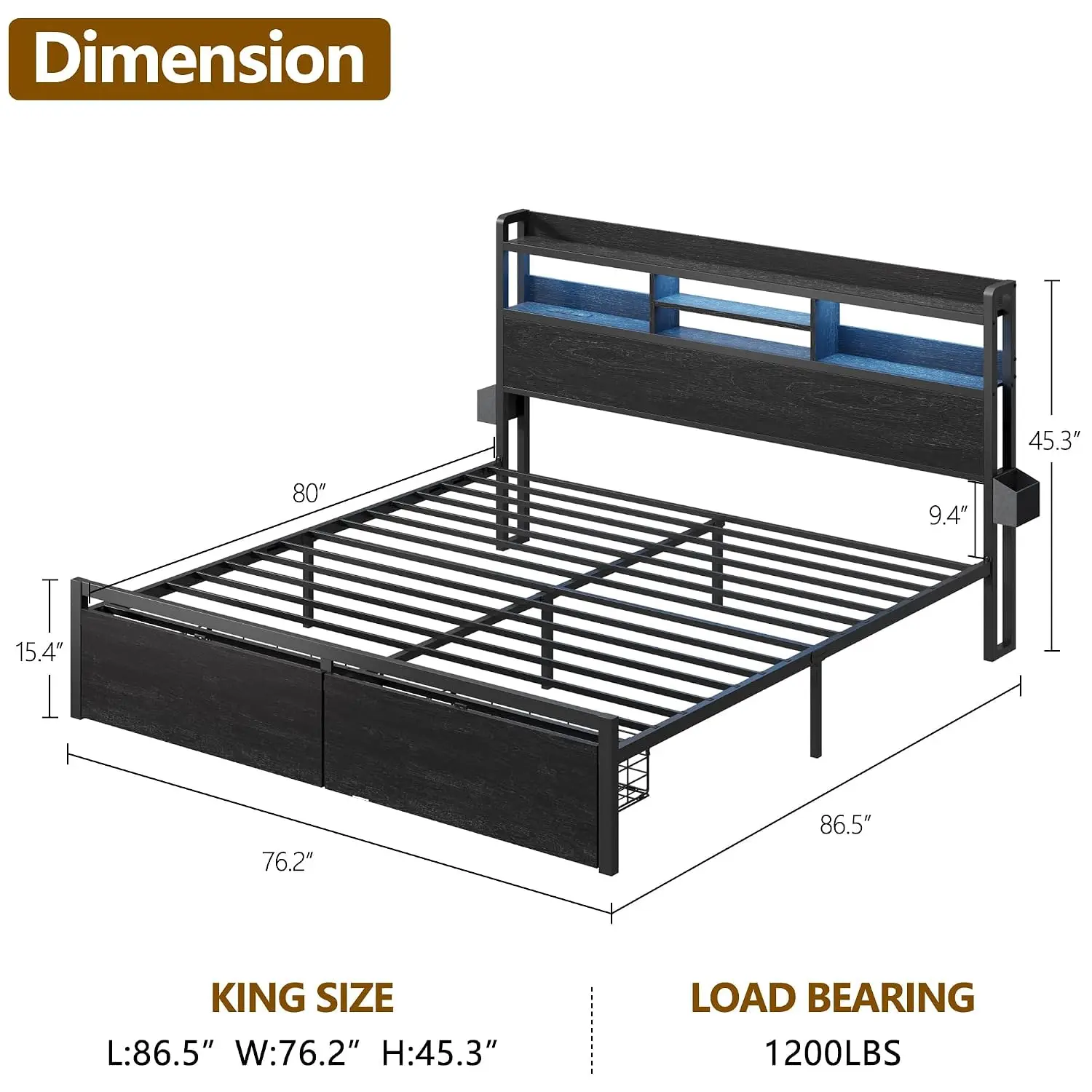 King Size Bed Frame with Storage Headboard & 2 Drawers Black, Customized image 3