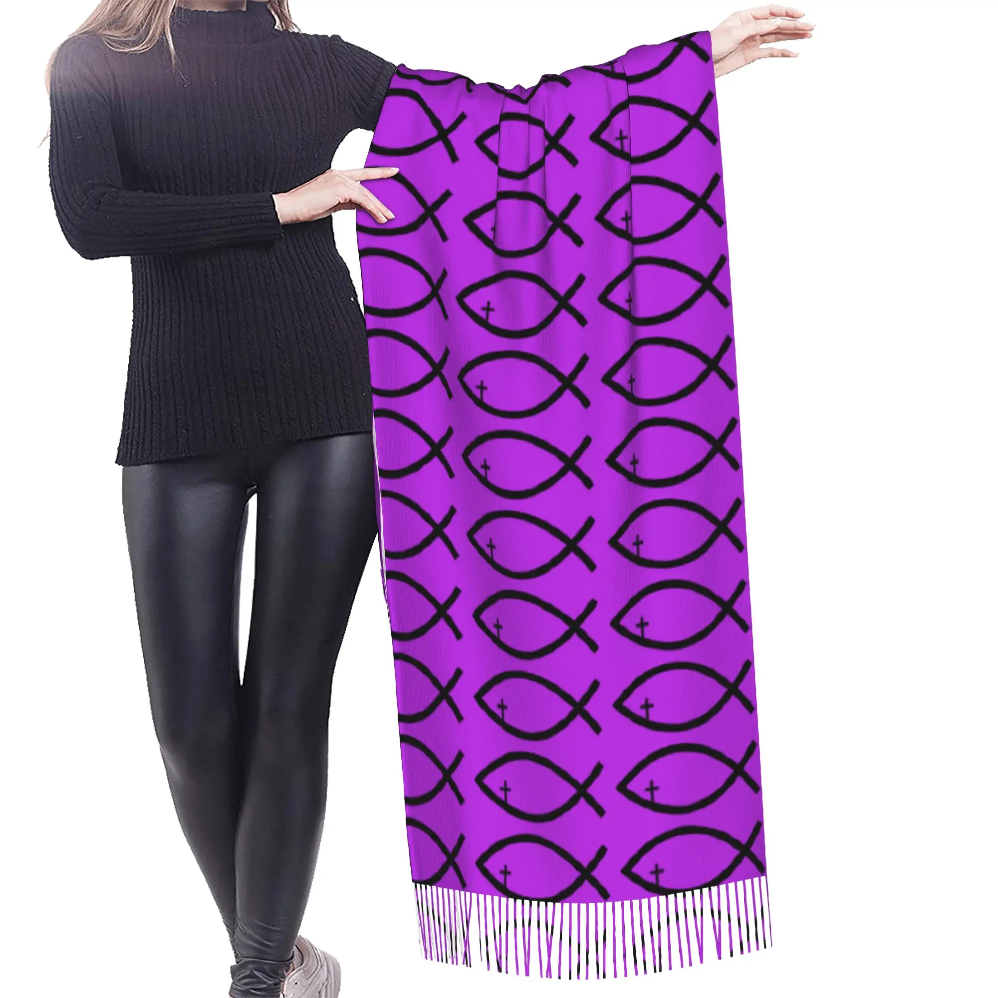 Custom Lady Long Jesus Fish Cross Christ Symbol Religious Scarves Women Winter Fall Soft Warm Tassel Shawl Wraps  Scarf