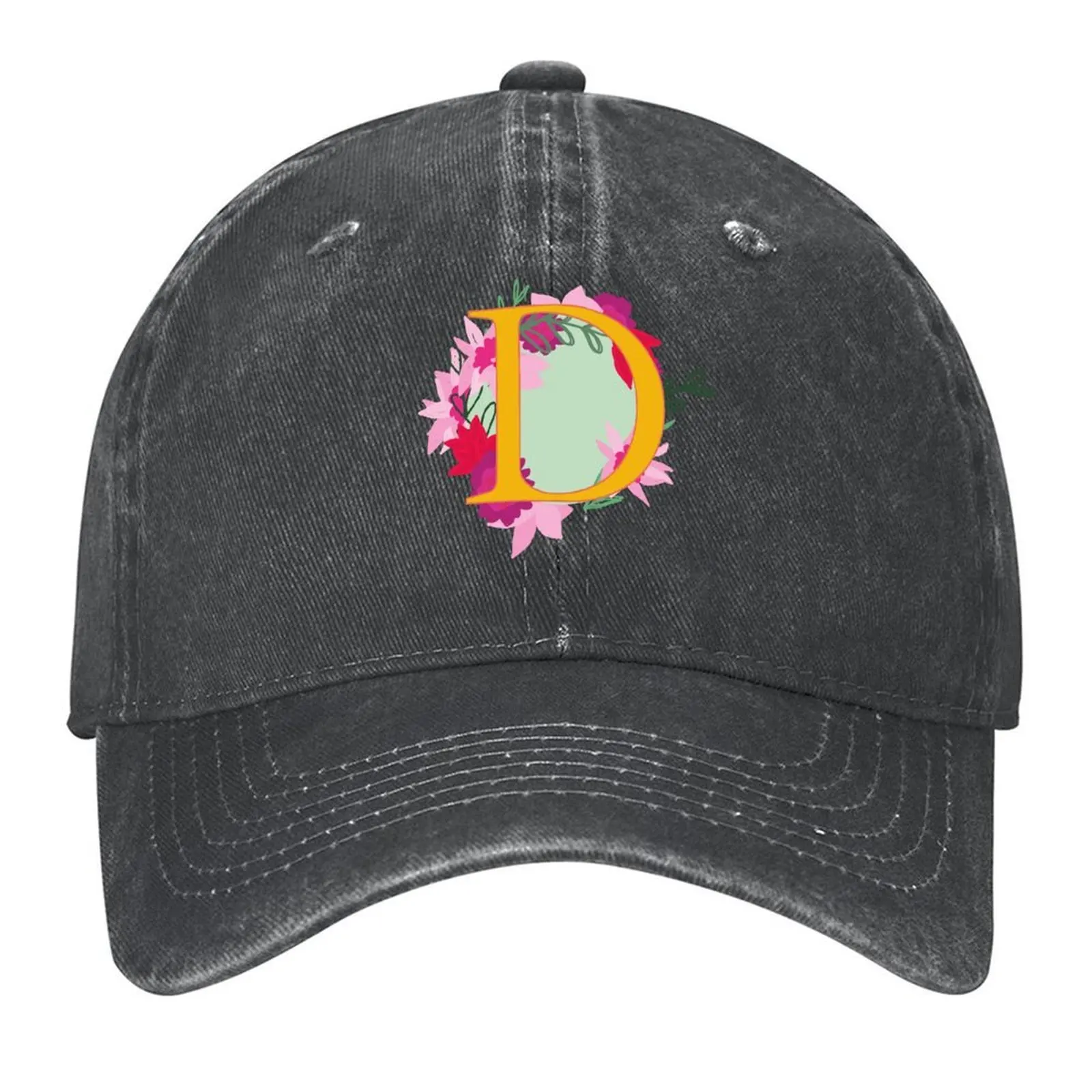 

Floral Monogram Letter D, Initial, Yellow Lettering Baseball Cap fun hats New Hat Beach Outing Man Women's