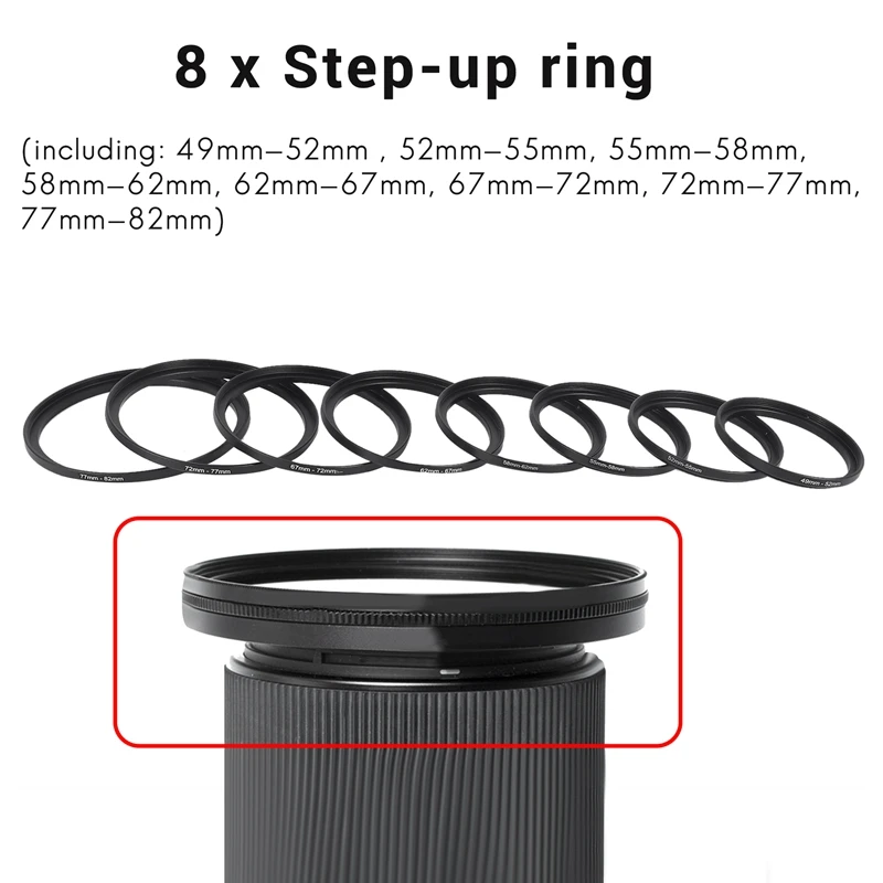 A22R-8 Pieces Step-Up Adapter Ring Set,Includes 49-52Mm, 52-55Mm, 55-58Mm, 58-62Mm, 62-67Mm, 67-72Mm, 72-77Mm, 77-82Mm-Black