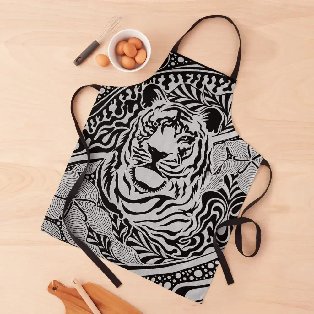 

Black & White Tiger Tangle Apron chef for man Camping painting Beauty Apron