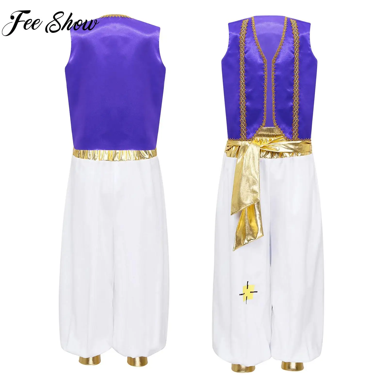 

Boys Arabian Prince Costume Halloween Cosplay Dress Up Sleeveless Braided Trimming Vest Waistcoat+Pants Set for Carnival Party