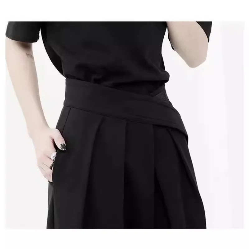 Estilo designer preto perna larga calças de terno masculino cintura alta calças largas com detalhe velcro unisex casual roupas diárias