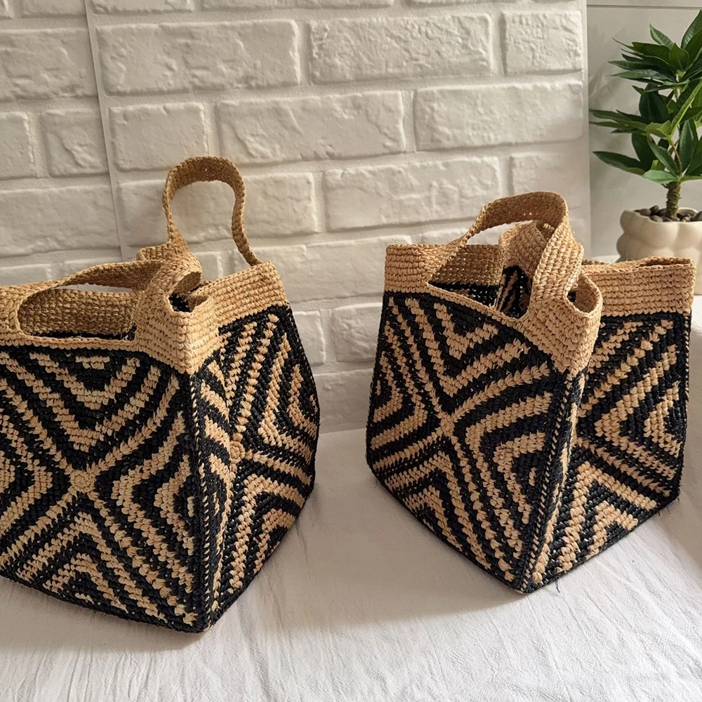 Summer Crochet Straw Bags for Women Bag NEW Raffia Bucket Beach Bag NEW Handmade Striped Woven Handbags and Purses Knitting Tote