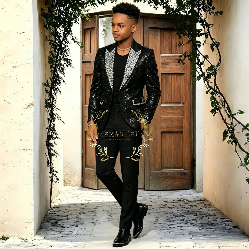 Luxury Crystals 2 Pieces Men's Suits Single Breasted Black Sequin Tuxedos Blazer for Wedding Groom Business Dinner Party Suits