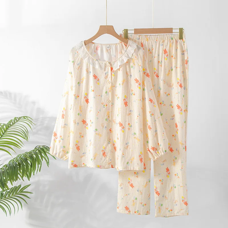 2pcs Women's Pajama Set Sweet Cute Cartoon Style 100% Double Layer Cotton Gauze Crew Neck Open Front Long Sleeve Versatile Weara