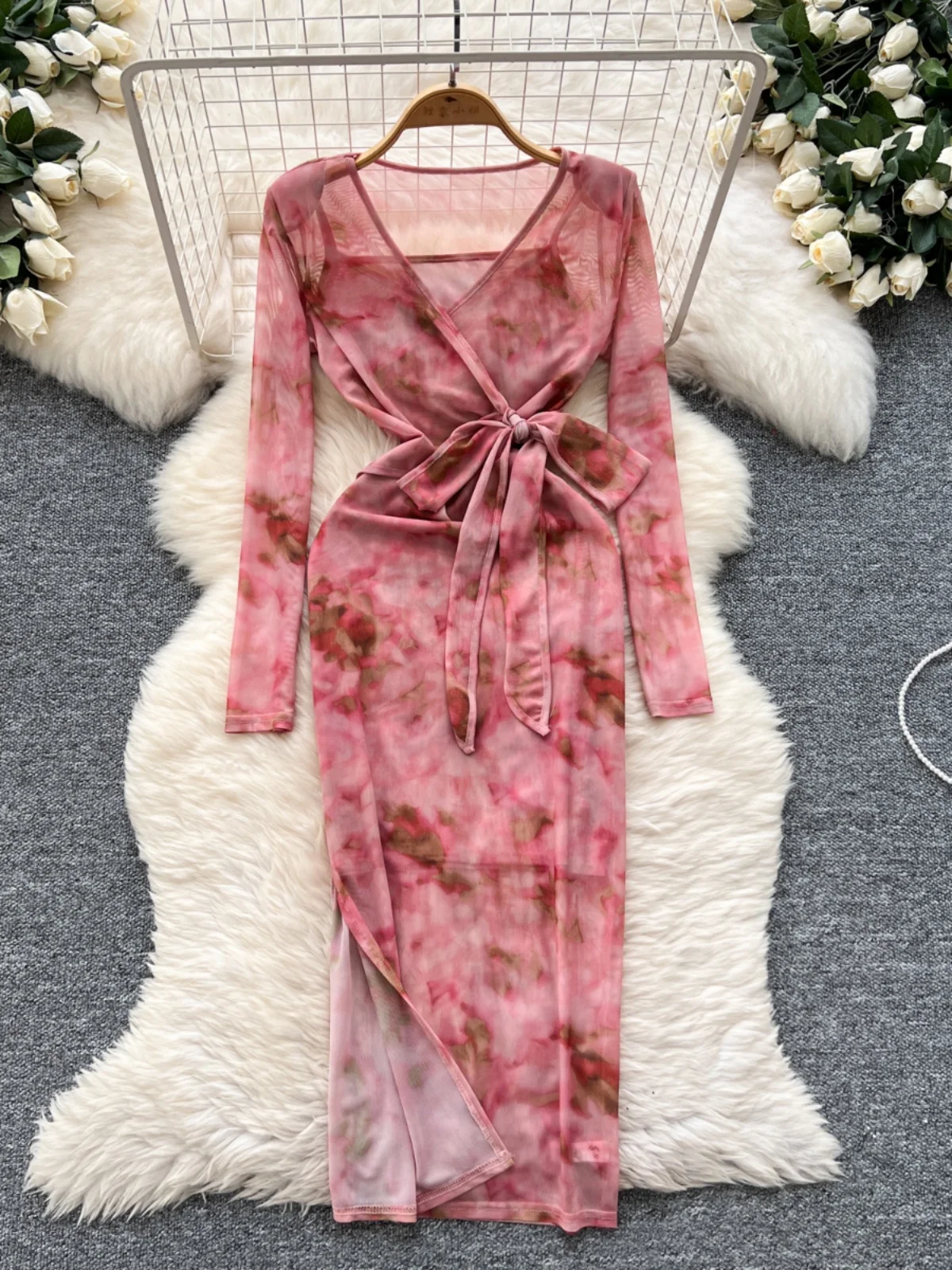 Ele Women's Crossed Belted High Waist A-Line Dr with Base Tank Top Two-Piece Set for Autumn Winter Korean Sle