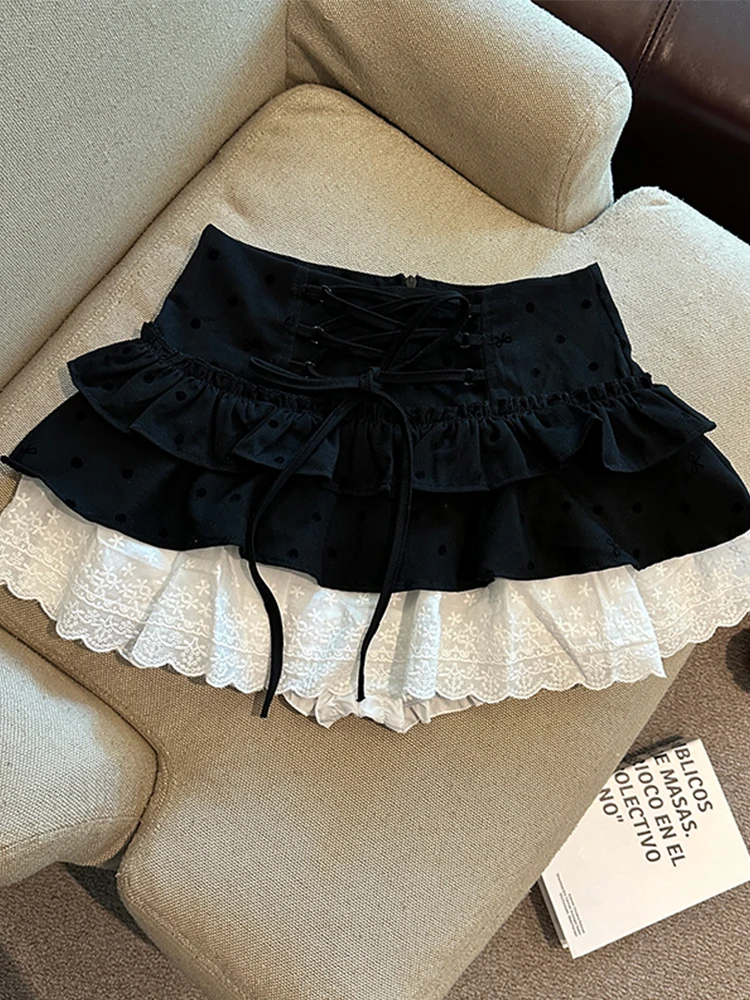 2025 femmes printemps/été nouvelle taille haute sangle épissage Polka dentelle demi-jupe a-ligne jupe courte pour les filles haute rue