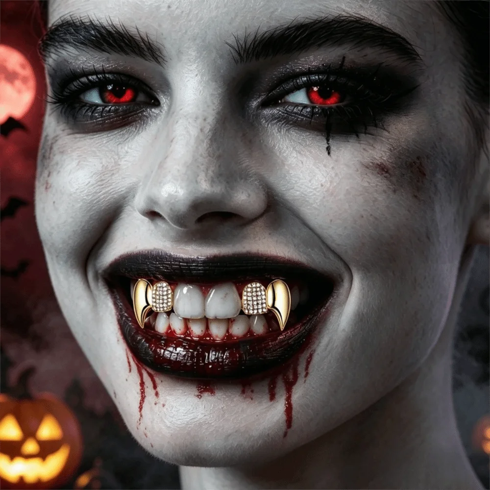 Classic Glossy Finish Halloween Fashion Dental Set Copper Anti Slip Teeth Grillz Caps Shiny Gold Teeth Jewelry Rapper