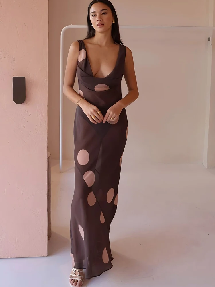 

JULISSA MO Printed Polka Dot Scarf Maxi Dress For Women Coffee Backless High Waist Dress Summer Slim Elegant Party Evening Dress
