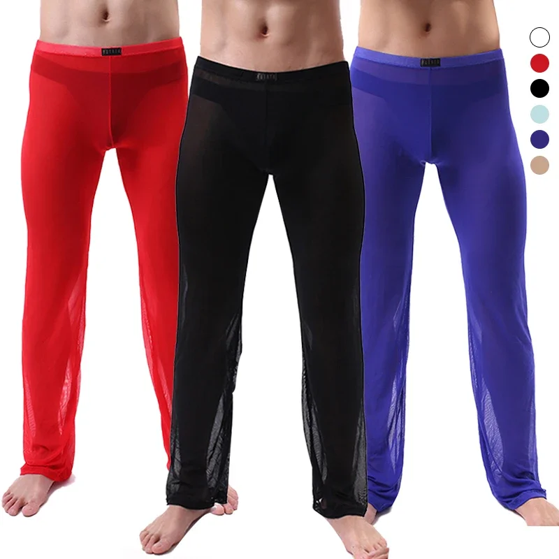 Pantalones transparentes para hombre, ropa de dormir, Sexy, transparente, de malla suelta