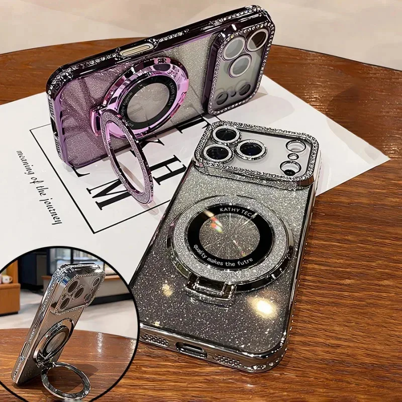 Picture 5: Plating Transparent Diamond Glitter Magnetic Phone Case for iPhone 17 16 13 14 15 Pro Max Lens Protection Bracket Back Cover