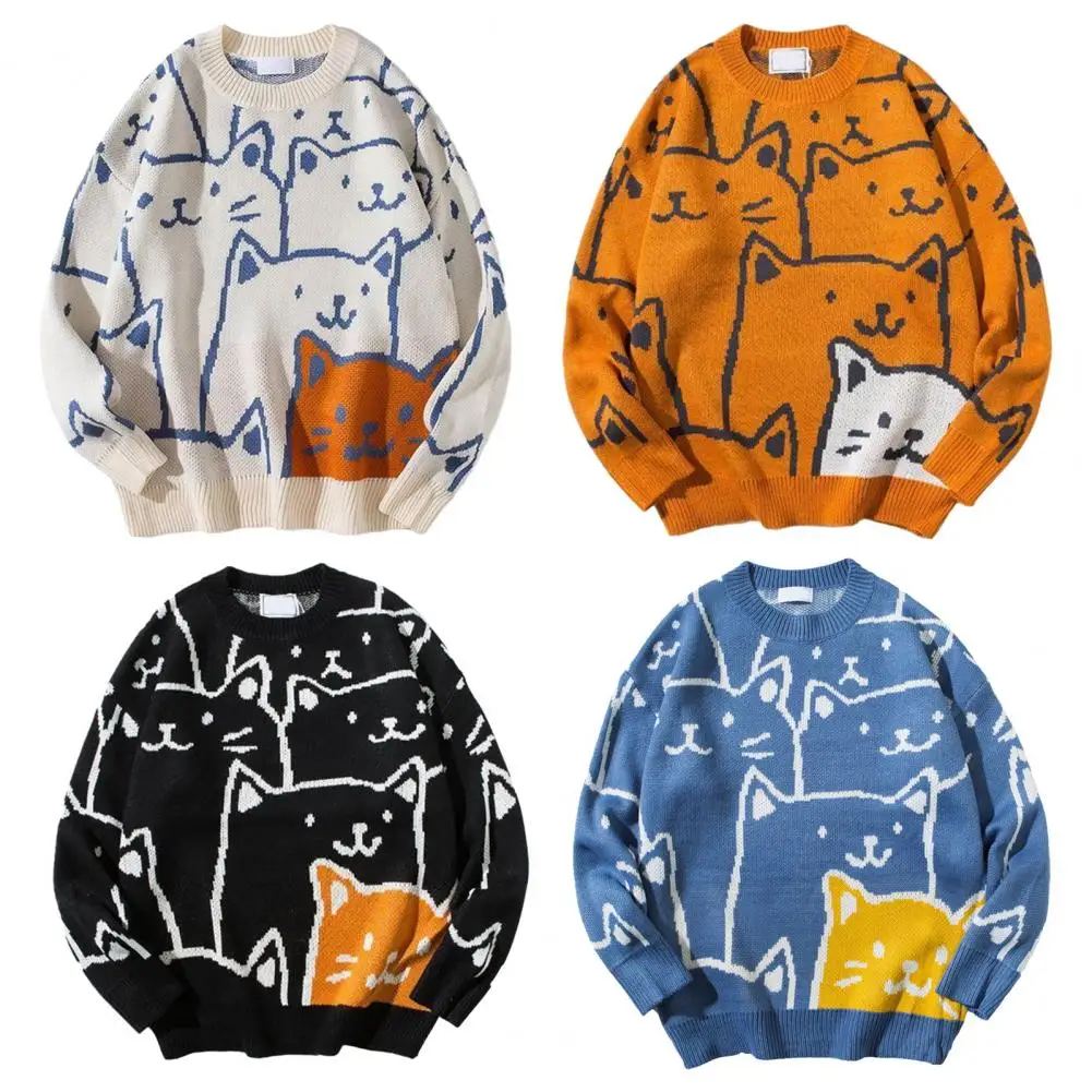 

Women Men Sweater Cartoon Cat Knitted Top Japanese Retro Harajuku Pullover Malr Tops Knitwear For Winter Autumn